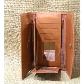 Portfel duży skórzany jasnobrązowy z etnicznym   haftem .